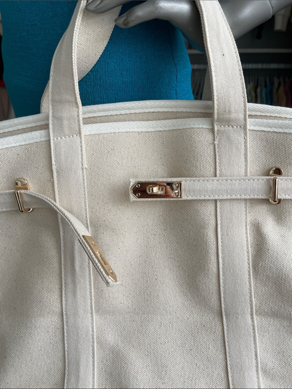 Canvas Tote Bag in Cream with Gold Hardware - Picture 3 of 10
